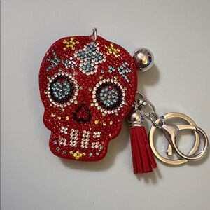 Red Rhinestone Sugar Skull Keychain with Tassel